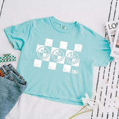 S.W.Smiley Checkered X Face - Women's Boxy Crop Top Graphic T-Shirt