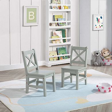 eHemco Solid Hard Wood X Back Kids Chair, Sage Green, Set of 2
