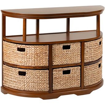 eHemco Hampton Meadows Half Moon Console Table with 6 baskets and Shelf, Coffee