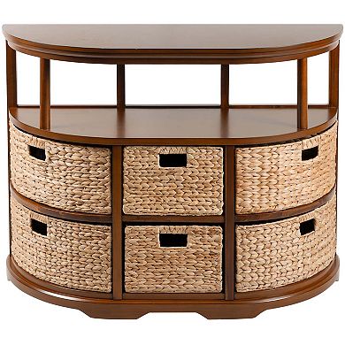 eHemco Hampton Meadows Half Moon Console Table with 6 baskets and Shelf, Coffee