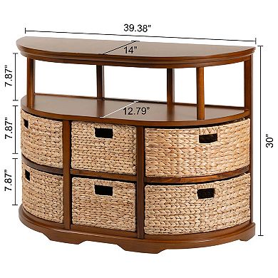 eHemco Hampton Meadows Half Moon Console Table with 6 baskets and Shelf, Coffee