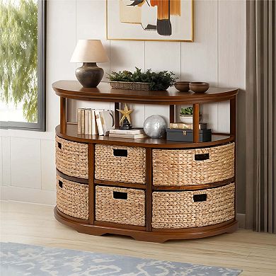 eHemco Hampton Meadows Half Moon Console Table with 6 baskets and Shelf, Coffee