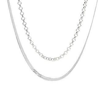 PRIMROSE Fine Silver-Plated Rolo & Herringbone Chain Duo Set with Cubic Zirconia Accent