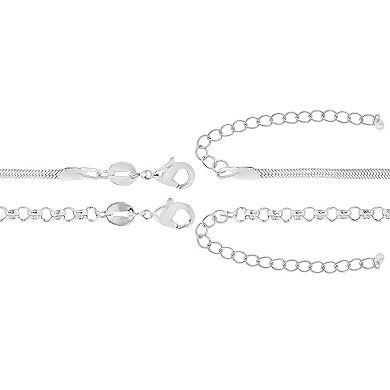 PRIMROSE Fine Silver-Plated Rolo & Herringbone Chain Duo Set with Cubic Zirconia Accent