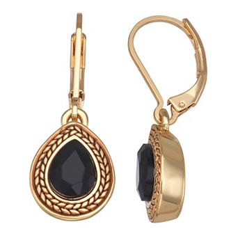 Napier Gold Tone Jet Simulated Stone Teardrop Dangle Earrings