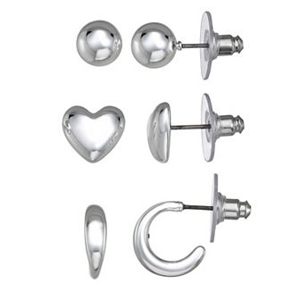 Napier 3-Pair Silver Tone Heart Stud Earring Set