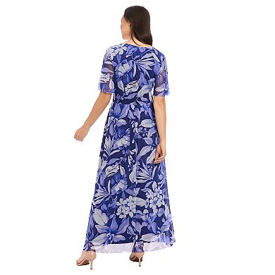Women's London Times V-Neck Smocked Bodice Flutter Sleeve Maxi Dress