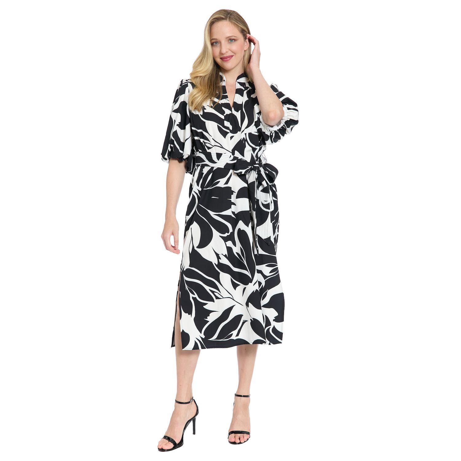 Женские платья London Times Mandarin Collar Split Neck Bubble Sleeve Midi Dress