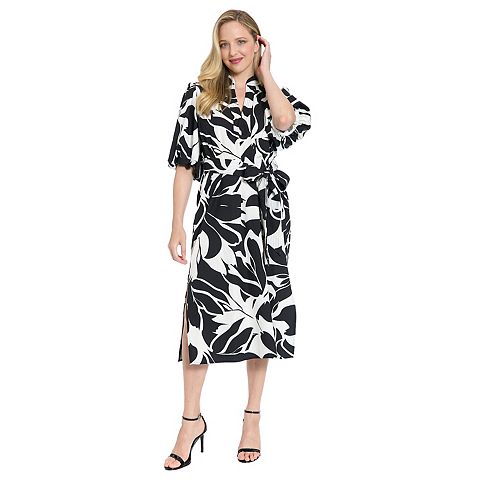 Женские платья London Women's London Times Mandarin Collar Split Neck Bubble Sleeve Midi Dress