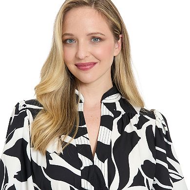 Women's London Times Mandarin Collar Split Neck Bubble Sleeve Midi Dress