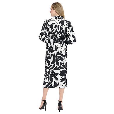 Women's London Times Mandarin Collar Split Neck Bubble Sleeve Midi Dress