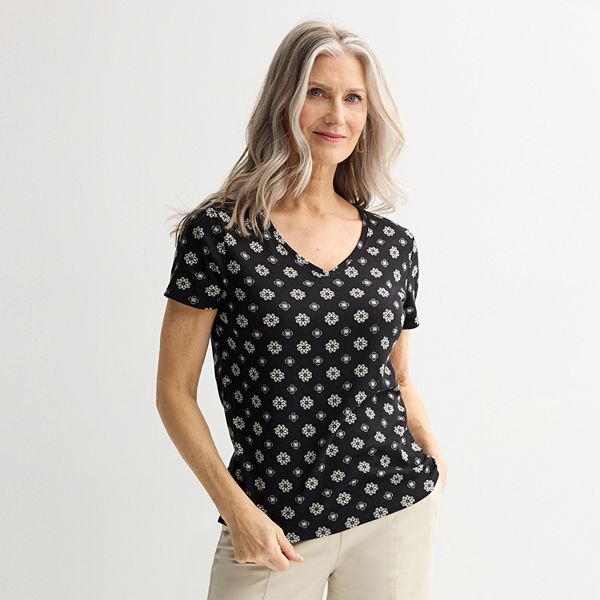 Women's Croft & Barrow® Essential V-Neck Tee - Black Mini Geo (X SMALL)