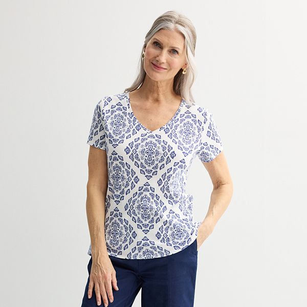 Women's Croft & Barrow® Essential V-Neck Tee - Blue Grand Tile (X SMALL)