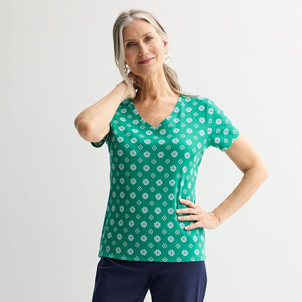 Women's Croft & Barrow® Essential V-Neck Tee - Green Mini Geo (SMALL)