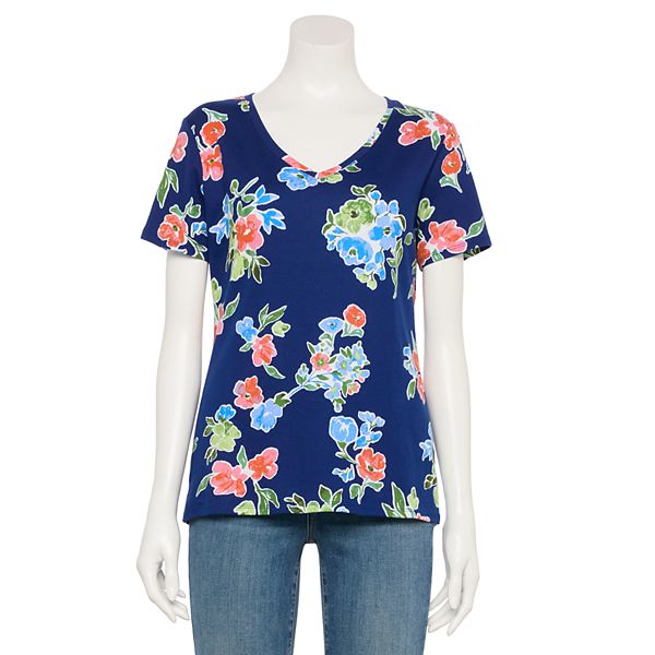 Women's Croft & Barrow® Essential V-Neck Tee - Navy Floral Wash (X SMALL)