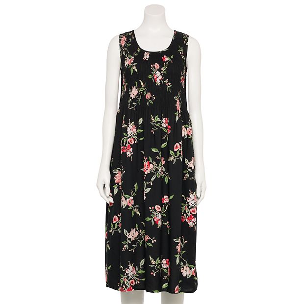 knee length dresses for ladies Black Floral Smocked Midi Dress - Puff Sleeve