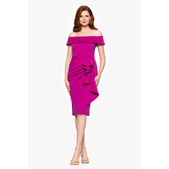 Women's X Evenings Techno Scuba Off The Shoulder Ruffle Midi Dress
