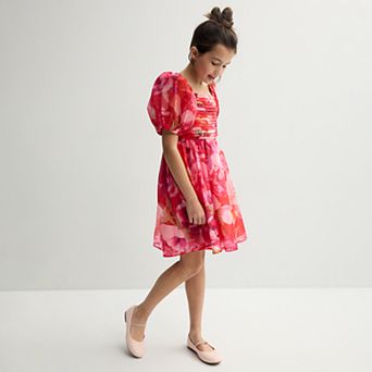 Girls 4-16 Knit Works Puff Sleeve Pleated Bodice Babydoll Dress