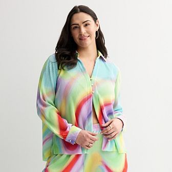Plus Size INTEMPO™ Plisse Print Button Front Top