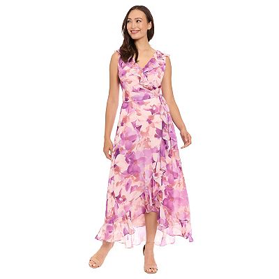 satin rose lace trim asymmetric slip dress Women Solid Maroon V-Neck Flared Sleeves Tie-Up Waist Asymmetrical Hem Wrap  Ruffled Maxi Dress main image 1