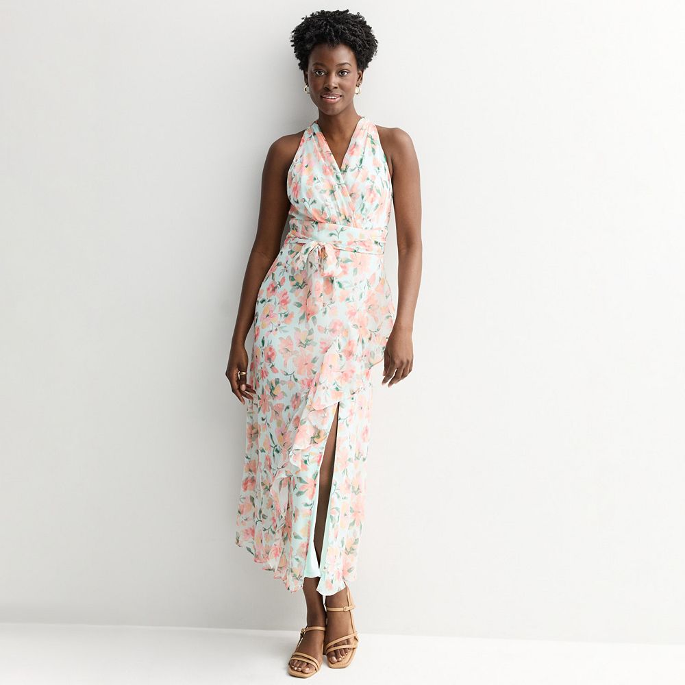 Women's London Times Halter Maxi Dress with Sash Belt