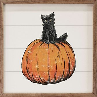 Kendrick Home Halloween Cat On Pumpkin Framed Wall Art