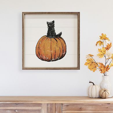 Kendrick Home Halloween Cat On Pumpkin Framed Wall Art