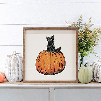 Kendrick Home Halloween Cat On Pumpkin Framed Wall Art
