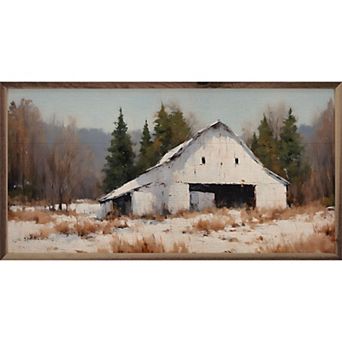 Kendrick Home White Barn In Winter Field Framed Wall Art