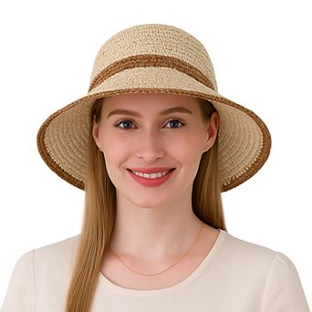 Packable Crochet Straw Bucket Hat with Two-Tone Design Lightweight Summer Sun Hat
