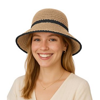 Packable Crochet Straw Bucket Hat with Two-Tone Design Lightweight Summer Sun Hat