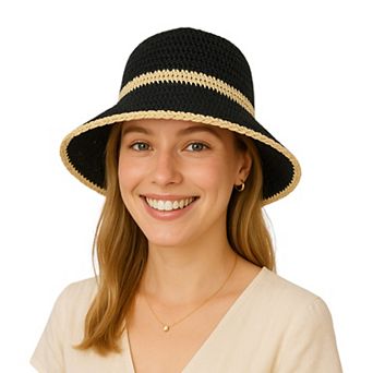 Packable Crochet Straw Bucket Hat with Two-Tone Design Lightweight Summer Sun Hat