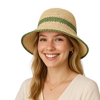 Packable Crochet Straw Bucket Hat with Two-Tone Design Lightweight Summer Sun Hat