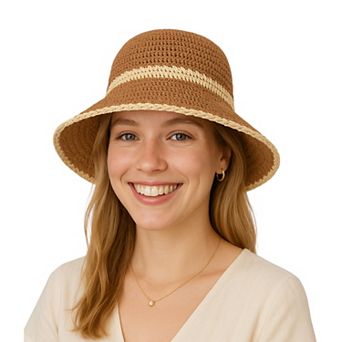 Packable Crochet Straw Bucket Hat with Two-Tone Design Lightweight Summer Sun Hat