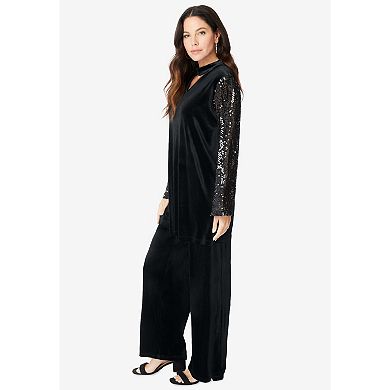 Roaman's Women's Plus Size Keyhole Velour Pant Set.