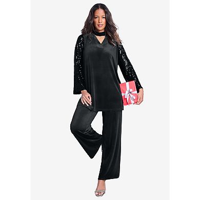 Roaman's Women's Plus Size Keyhole Velour Pant Set.