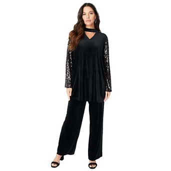 Roaman's Women's Plus Size Keyhole Velour Pant Set.