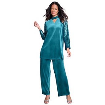 Roaman's Women's Plus Size Keyhole Velour Pant Set.