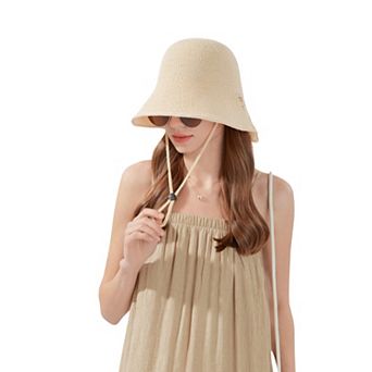Crochet Bucket Hat with Adjustable Chin Strap and Back Button Eyelet Panel for Sun Protection