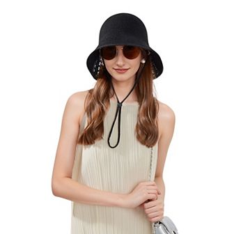 Crochet Bucket Hat with Adjustable Chin Strap and Back Button Eyelet Panel for Sun Protection