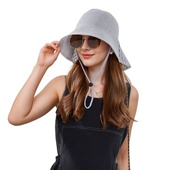 Crochet Bucket Hat with Adjustable Chin Strap and Back Button Eyelet Panel for Sun Protection
