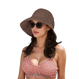 Crochet Raffia Sun Hat with Wide Brim and Bow Detail Foldable Summer Beach Hat