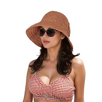 Crochet Raffia Sun Hat with Wide Brim and Bow Detail Foldable Summer Beach Hat