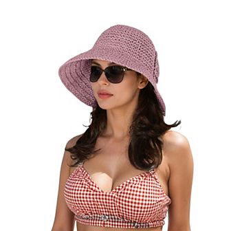 Crochet Raffia Sun Hat with Wide Brim and Bow Detail Foldable Summer Beach Hat