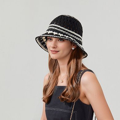 Crochet Knit Bucket Hat with Openwork Floral Pattern and Rolled Brim for Lightweight Summer Style