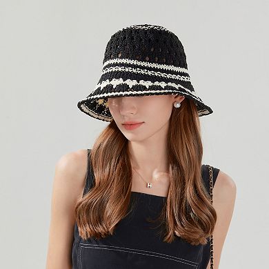 Crochet Knit Bucket Hat with Openwork Floral Pattern and Rolled Brim for Lightweight Summer Style