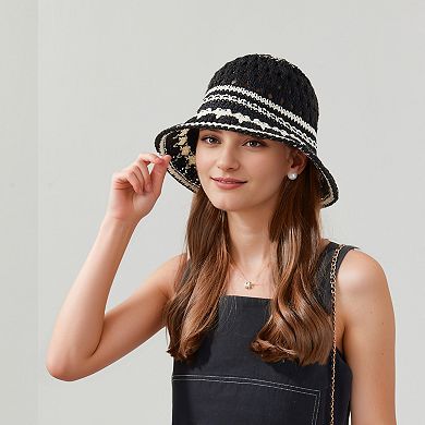 Crochet Knit Bucket Hat with Openwork Floral Pattern and Rolled Brim for Lightweight Summer Style