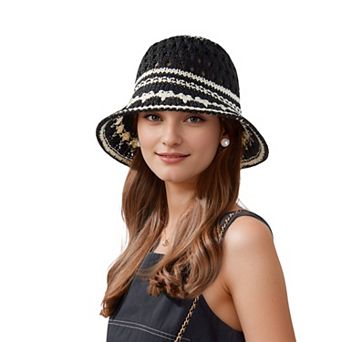Crochet Knit Bucket Hat with Openwork Floral Pattern and Rolled Brim for Lightweight Summer Style