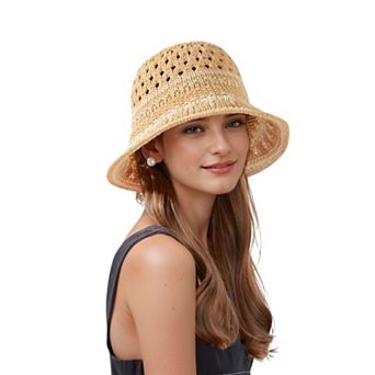 Crochet Knit Bucket Hat with Openwork Floral Pattern and Rolled Brim for Lightweight Summer Style
