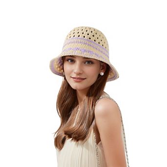 Crochet Knit Bucket Hat with Openwork Floral Pattern and Rolled Brim for Lightweight Summer Style